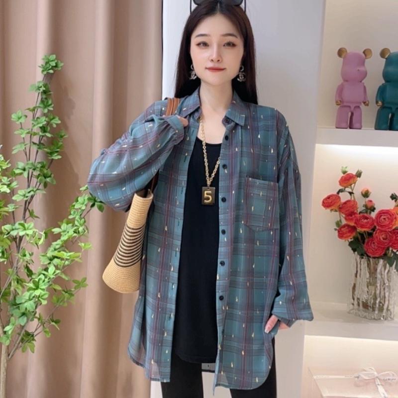 봄여름 여성 캐주얼 체크 루즈핏 데일리 긴팔 티셔츠 레이스 시스루 이너 나시 투피스 세트 - 상품 이미지
