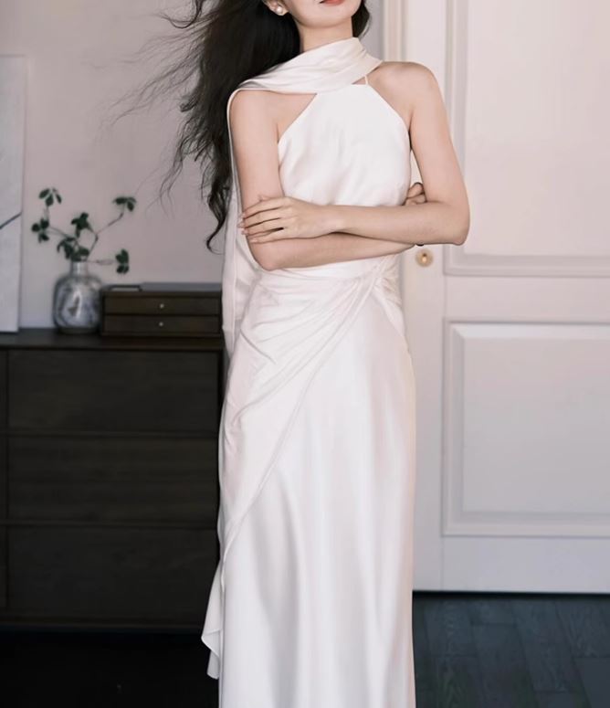 홀터넥 새틴 슬림 촬영 빈티지 세미 셀프웨딩드레스 - 상세 이미지 3