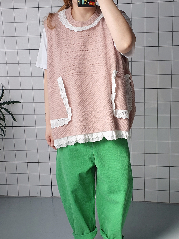 (무배) 레이스 포켓 오버핏 니트 조끼 베스트