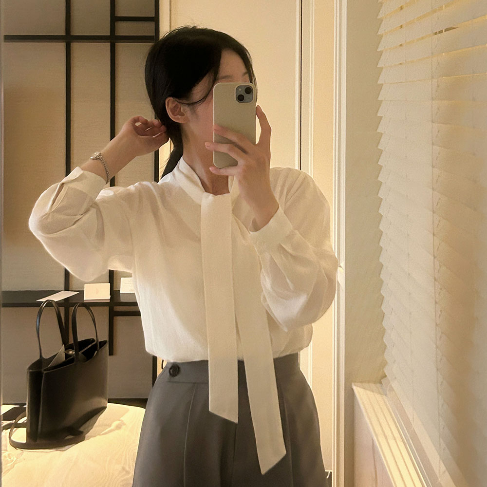 타이블라우스 결혼식 새틴 글로시 스카프블라우스 아이보리, FREE(One size) - 상세 이미지 3