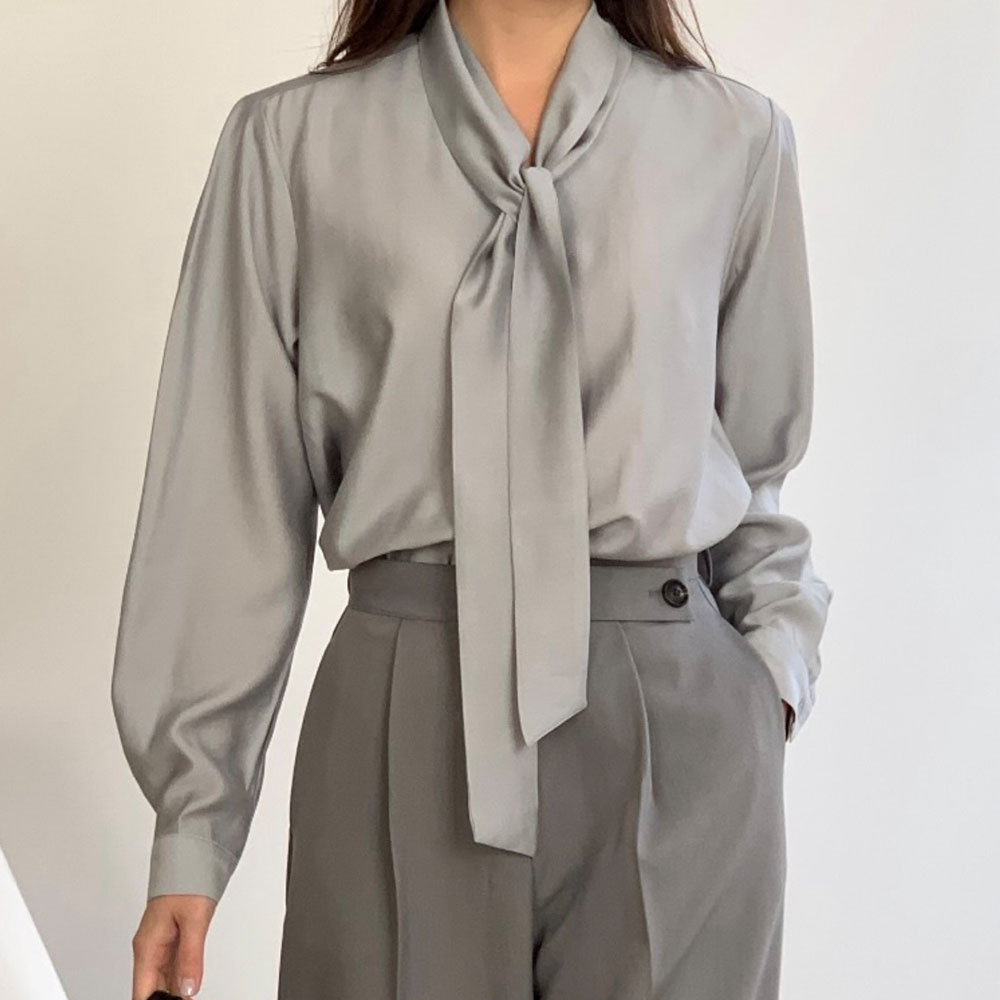 타이블라우스 결혼식 새틴 글로시 스카프블라우스 아이보리, FREE(One size) 이미지 7