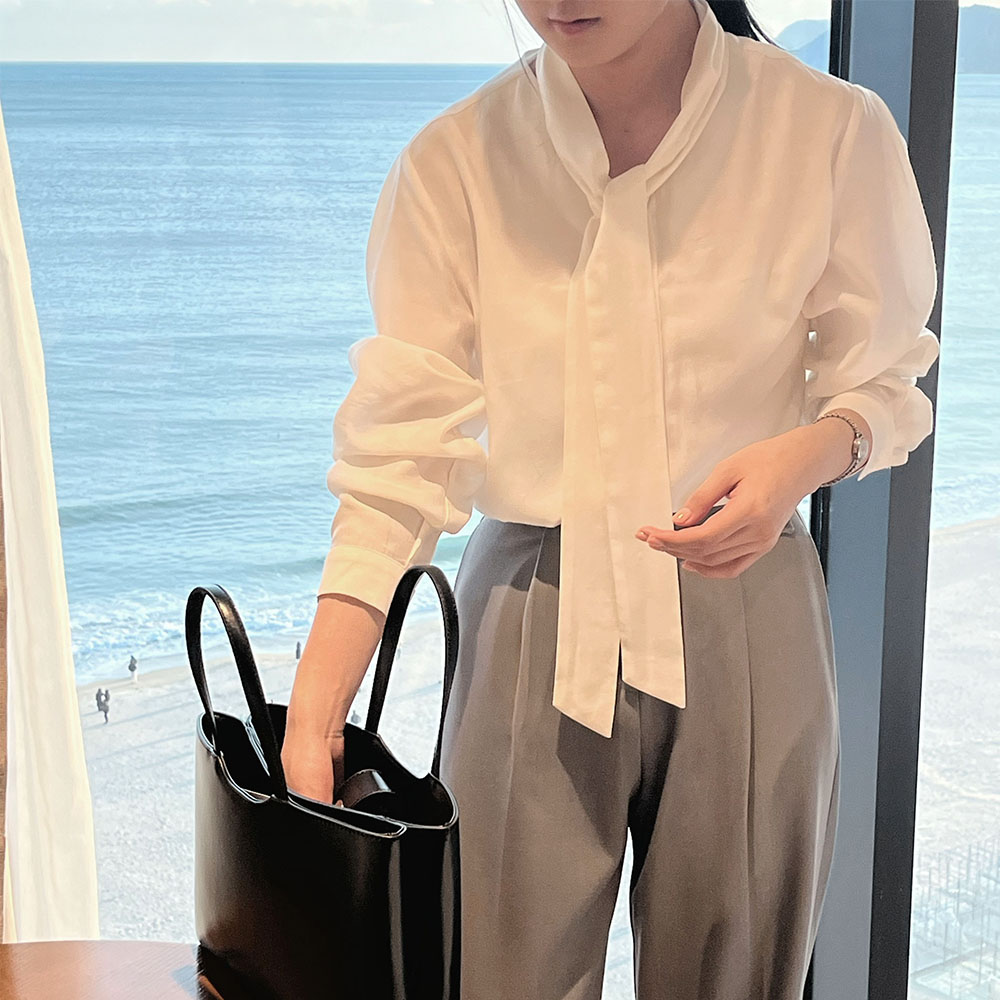 타이블라우스 결혼식 새틴 글로시 스카프블라우스 아이보리, FREE(One size) - 상세 이미지 2