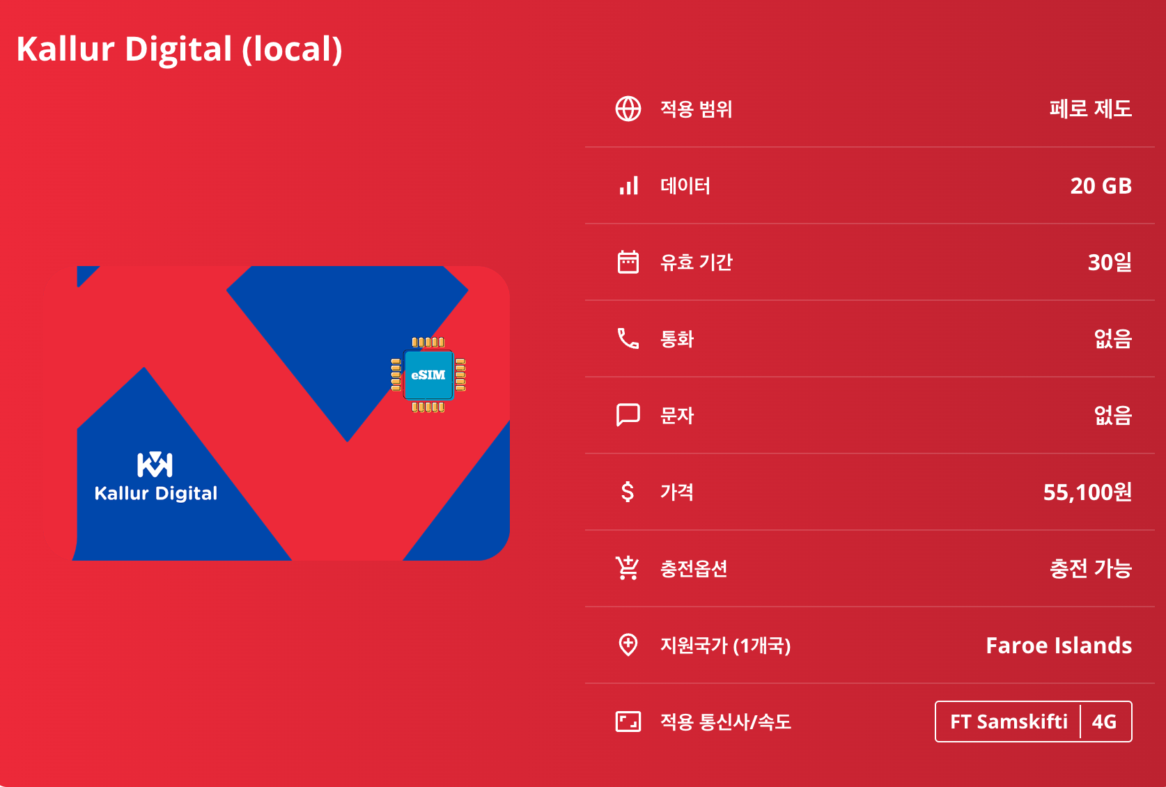 페로 제도 로컬망 이심 eSIM FT Samskifti 토르스하운 클락스빅 가스달루르 미킨에스 에이디 칼소이 이심통 - 상세 이미지 3
