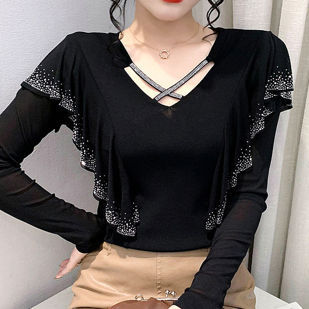 모네르 여성 라인댄스 상의 브이넥큐빅러플탑 라인 줌바 댄스복 - 상세 이미지 5