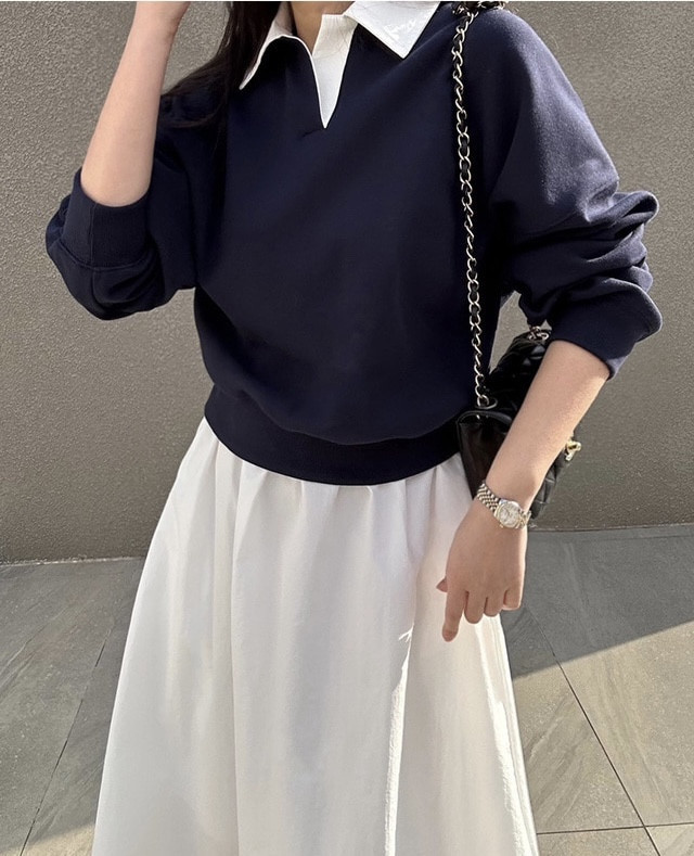 여자 나그랑 배색 레이어드 카라 맨투맨 - 상세 이미지 3