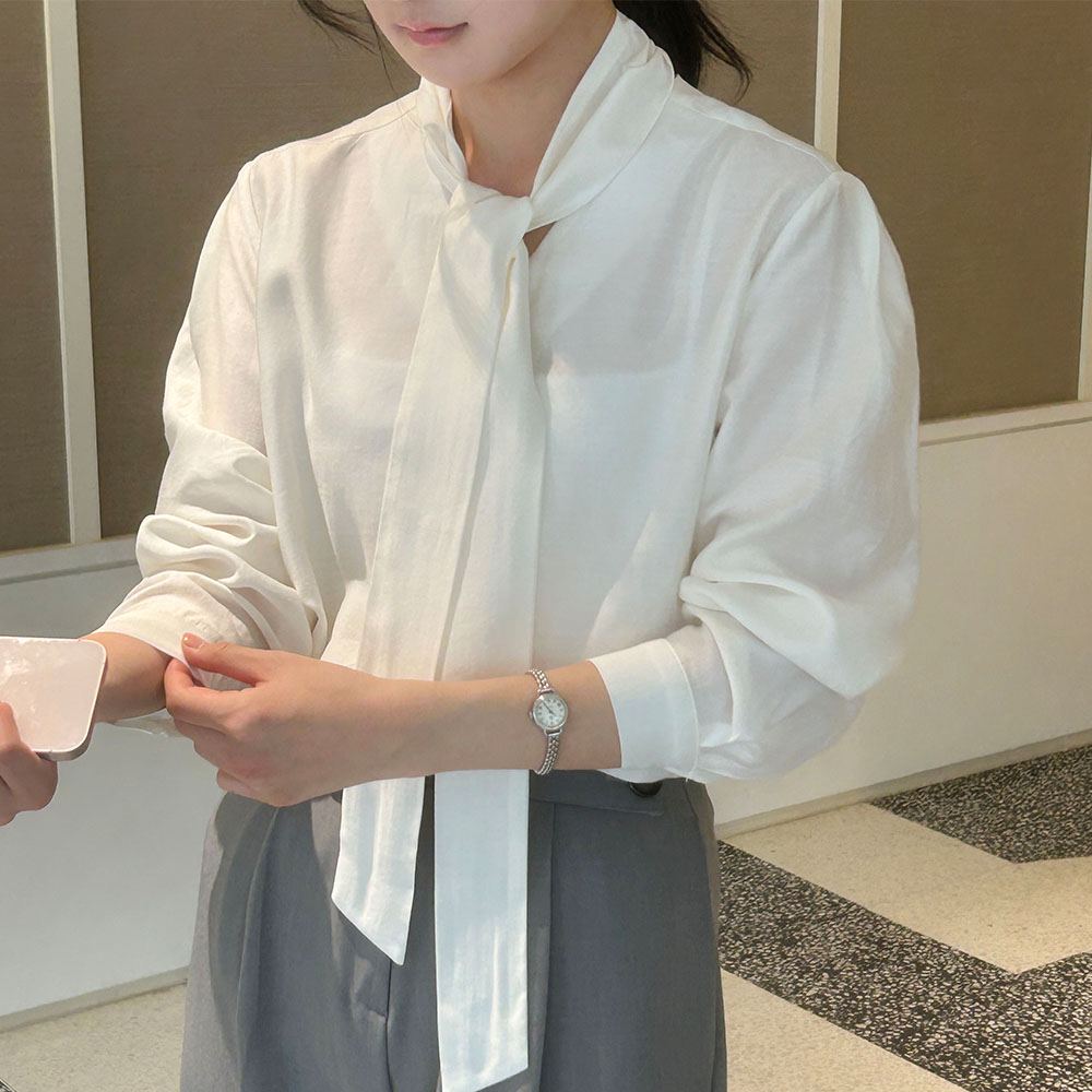 타이블라우스 결혼식 새틴 글로시 스카프블라우스 블루그레이, FREE(One size) 이미지 6