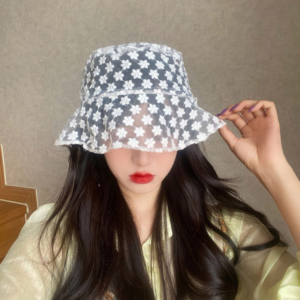 시스루 벙거지 버킷햇 레이스 자수 여성보넷 햇 아일렛 모자 여름벙거지 플라워 망사 얇은 - 메인 이미지