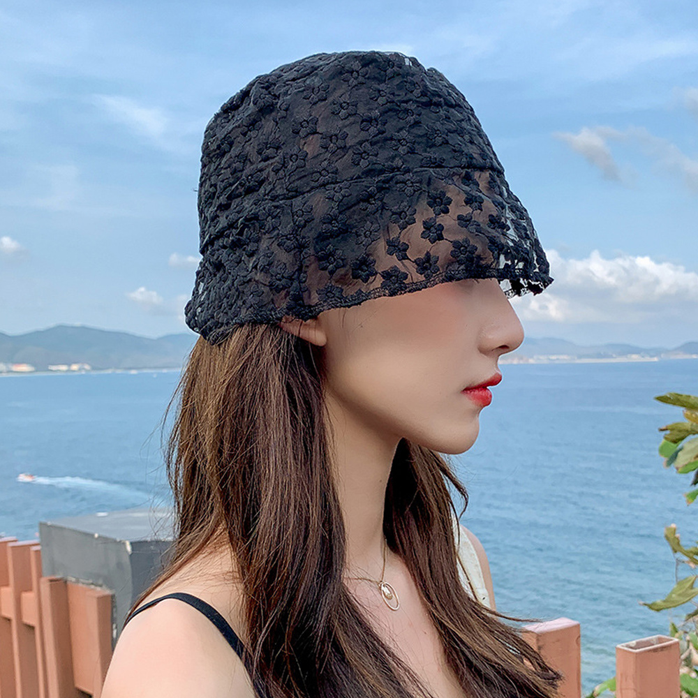 시스루 벙거지 버킷햇 레이스 자수 여성보넷 햇 아일렛 모자 여름벙거지 플라워 망사 얇은 - 상세 이미지 4