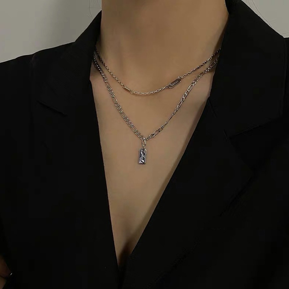 레이어드 체인 목걸이 하트 체인 두줄 펜던트 뱀줄 메달 펜던트 티타늄 써지컬 스틸 사슬 - 상세 이미지 4