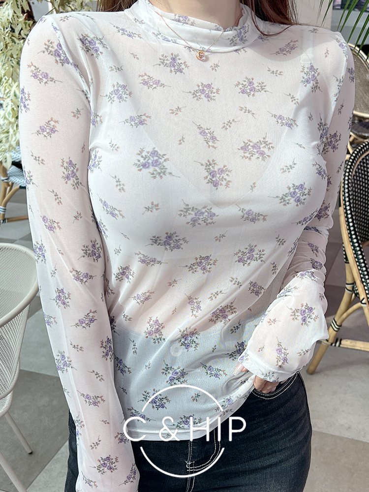 레이어드 플라워 시스루 망사 터틀넥 폴라 티셔츠 2color - 상세 이미지 4