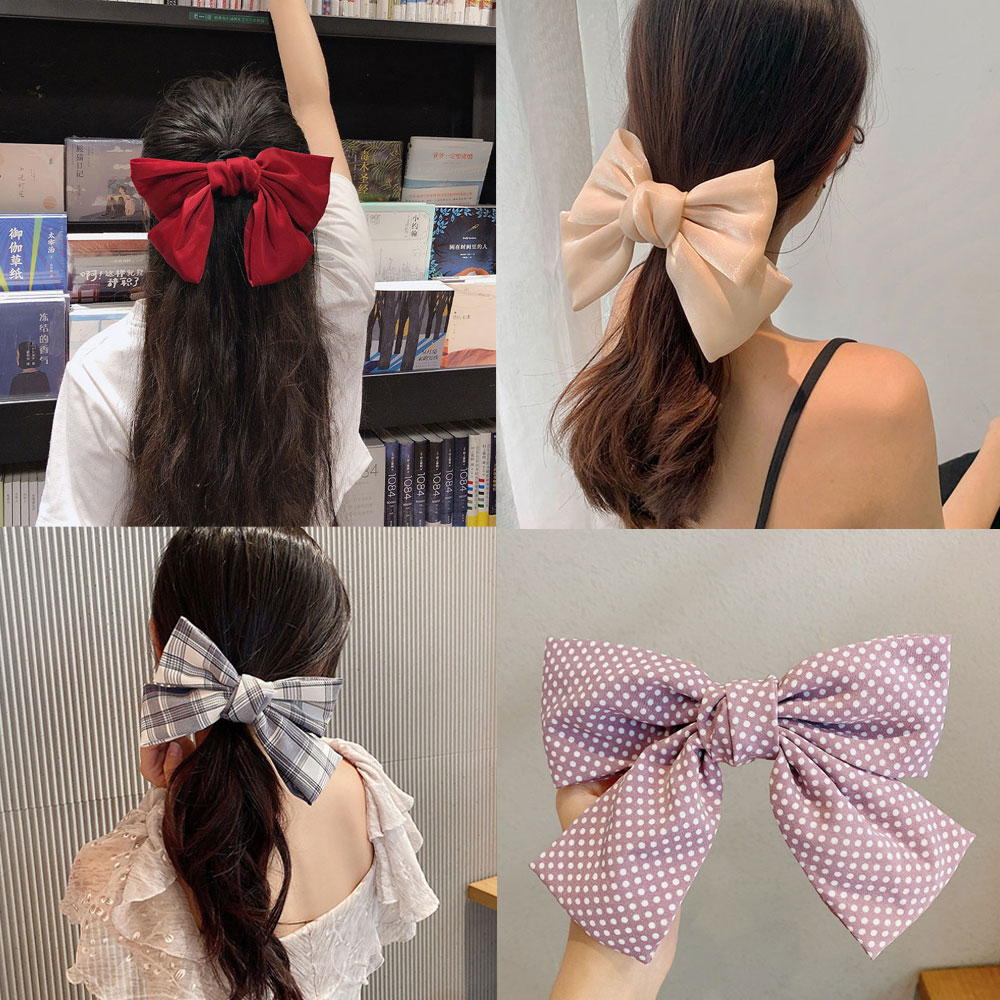 왕리본 핀 머리끈 핀대 삔 리본 자동핀 대형 새틴 공단 블랙 와인 도트 체크 반묶음 - 상품 이미지
