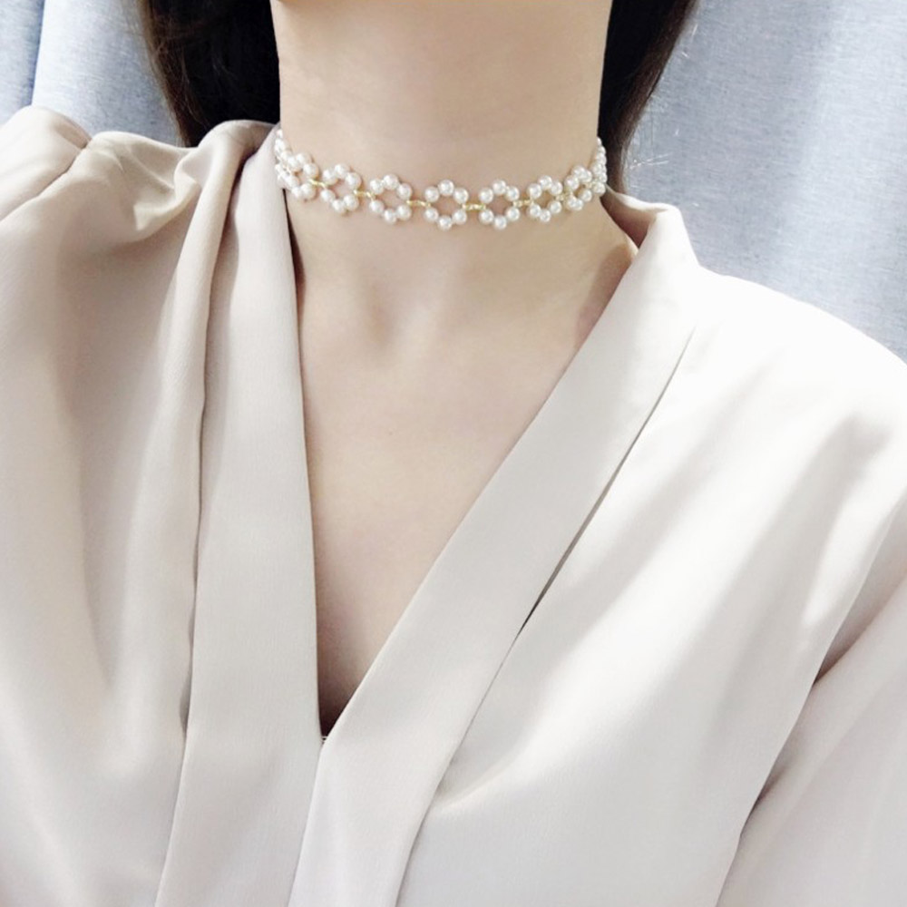 진주 미니 초커 진주목걸이 비즈 심플 아크릴 초커 데일리 짧은 레이어드 빈티지 레트로 - 상세 이미지 4
