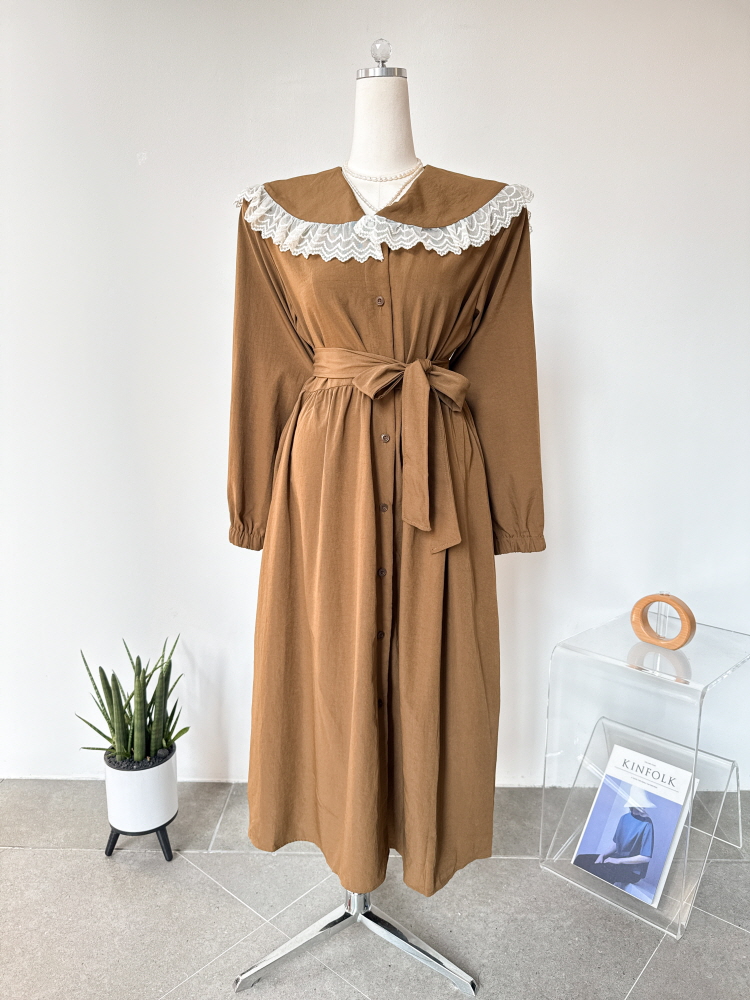 오버핏 레이스 세일러 카라 퍼프 벨트 롱원피스 - 상세 이미지 3