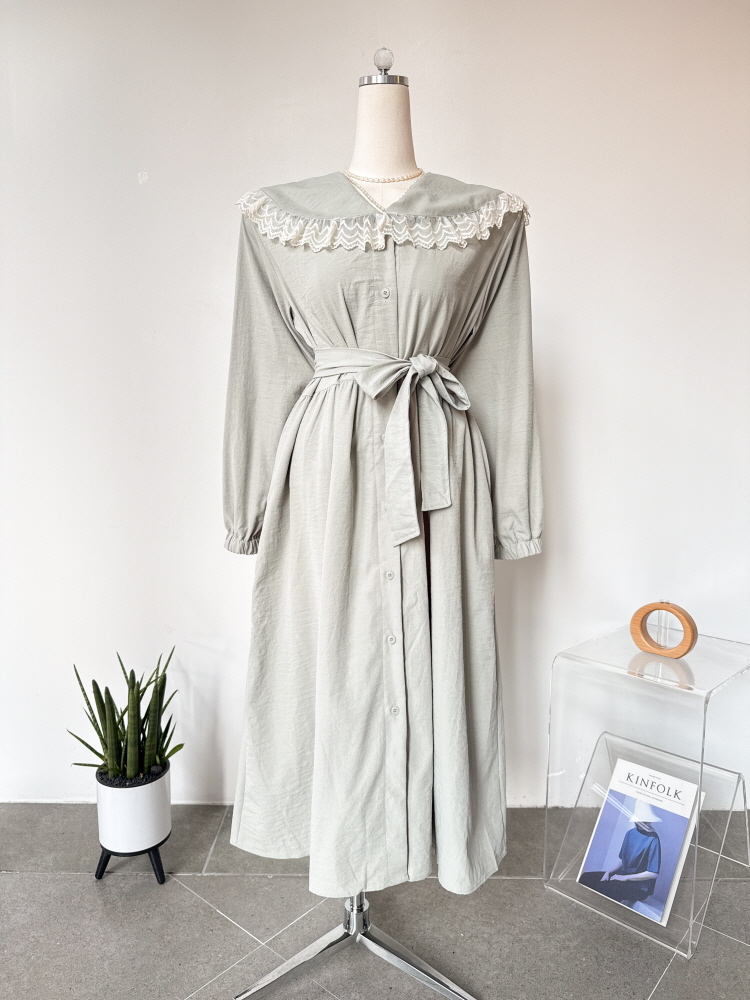 오버핏 레이스 세일러 카라 퍼프 벨트 롱원피스 - 상세 이미지 2