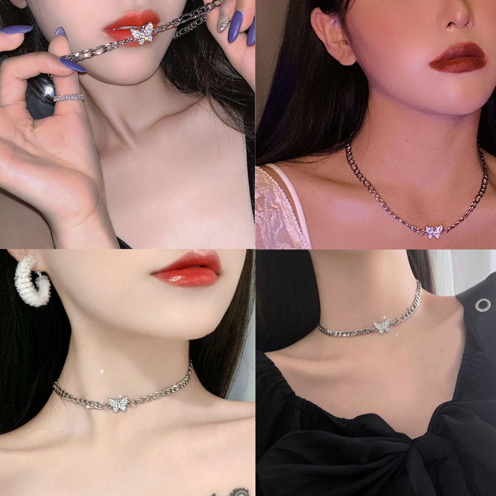 큐빅 나비 초커 목걸이 뱀줄 체인 펜던트 티타늄 굵은 사슬 - 상품 이미지