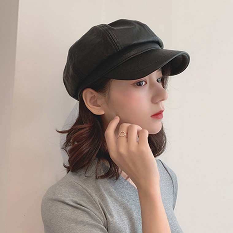 가죽 팔각 캡 베레모 가죽 빵모자 모자 - 메인 이미지