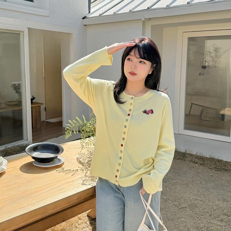 봄 여성 빅사이즈 카툰 패치 컬러 단추 니트 가디건 블랙 XL - 상품 이미지