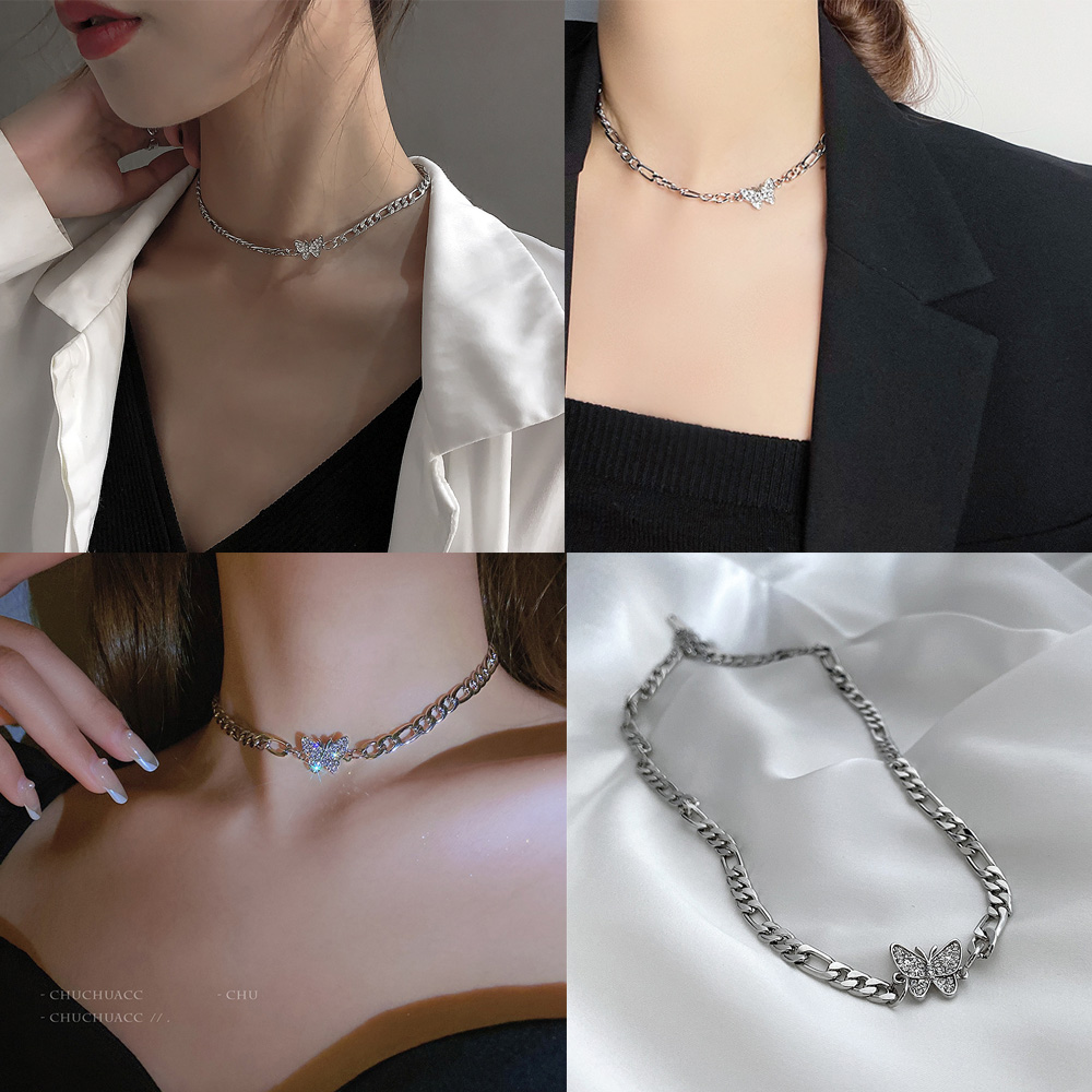 큐빅 나비 초커 목걸이 뱀줄 체인 펜던트 티타늄 굵은 사슬 - 상세 이미지 2
