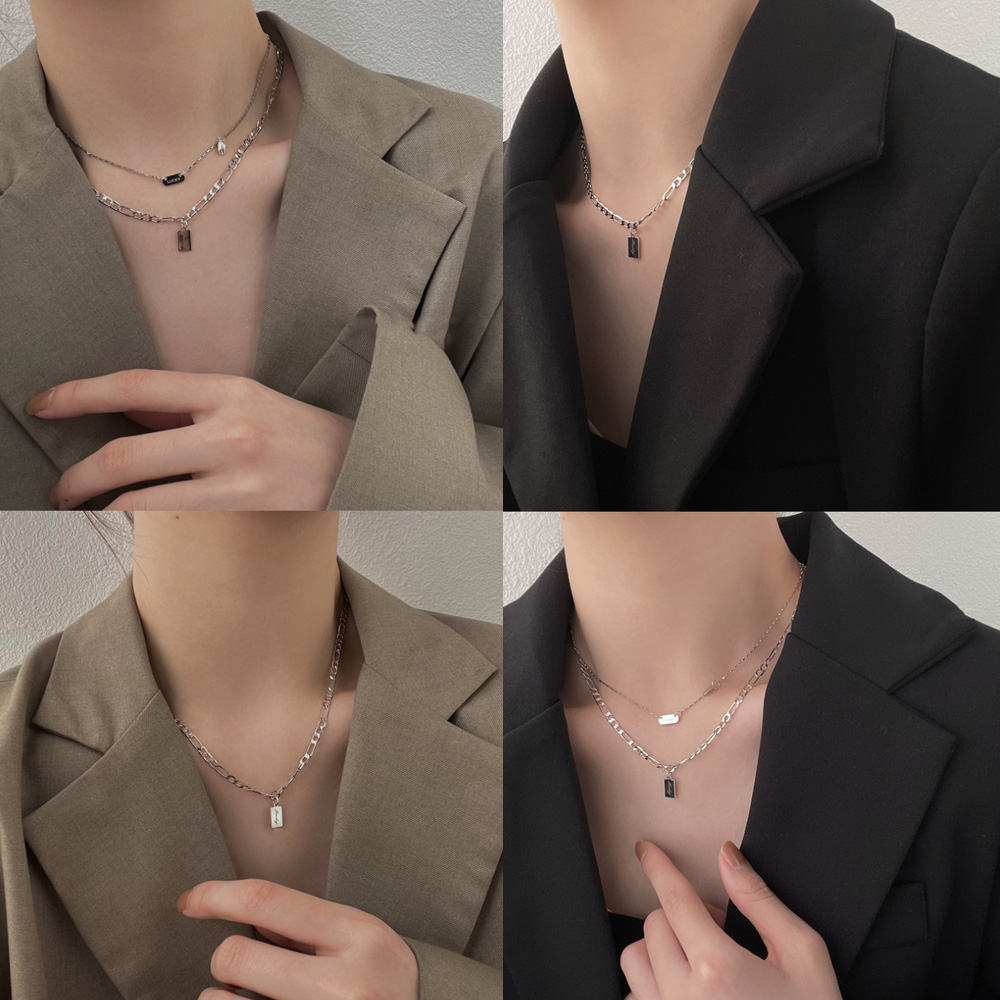레이어드 체인 목걸이 하트 체인 두줄 펜던트 뱀줄 메달 펜던트 티타늄 써지컬 스틸 사슬 - 상품 이미지