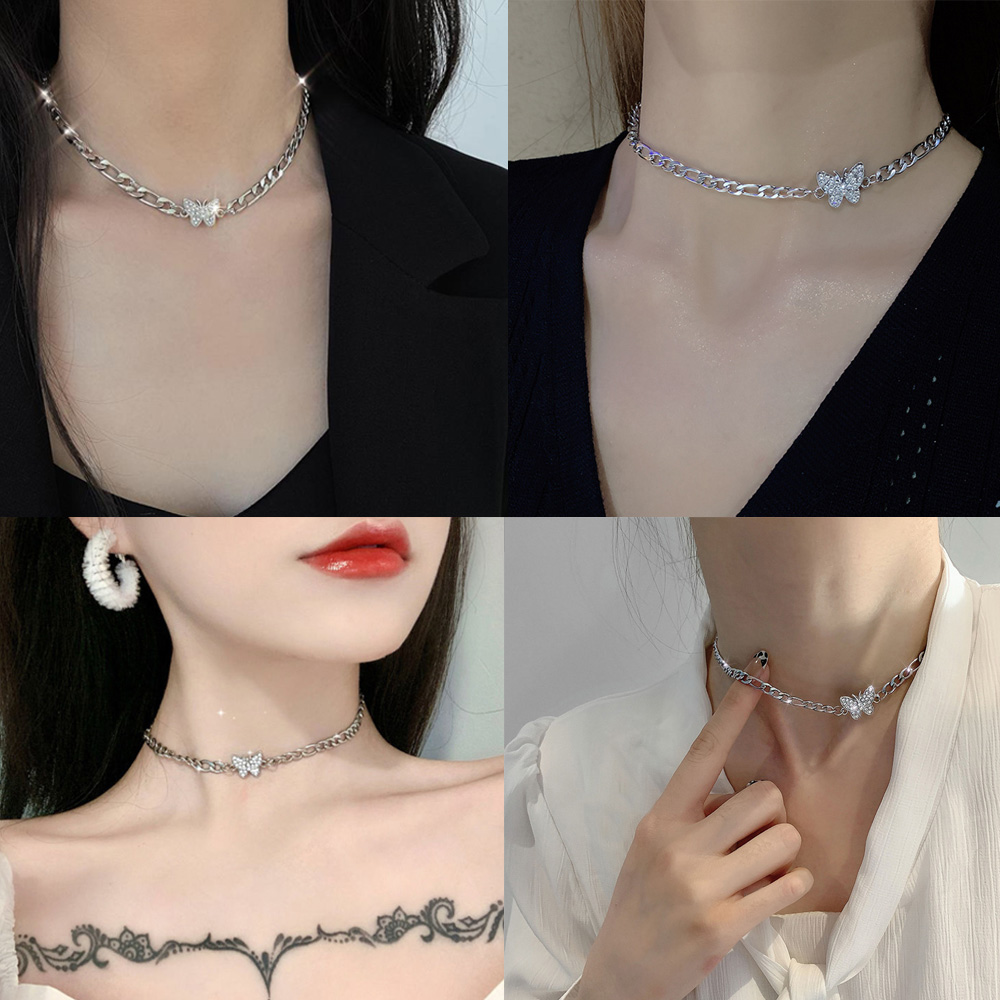 큐빅 나비 초커 목걸이 뱀줄 체인 펜던트 티타늄 굵은 사슬 - 상세 이미지 4