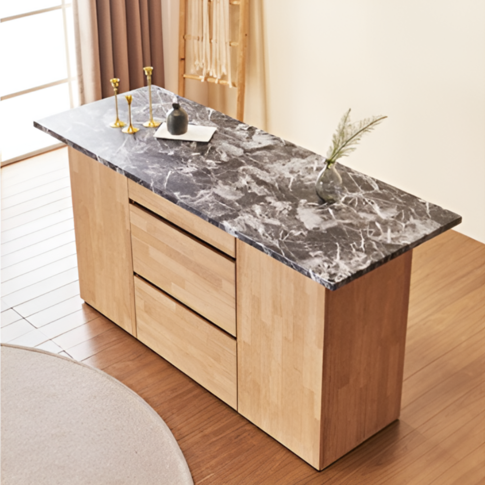 오브디 아일랜드장 조리대 수납장 주방보조 테이블 홈바수납장 1600mm, 블랙대리석패턴_우드