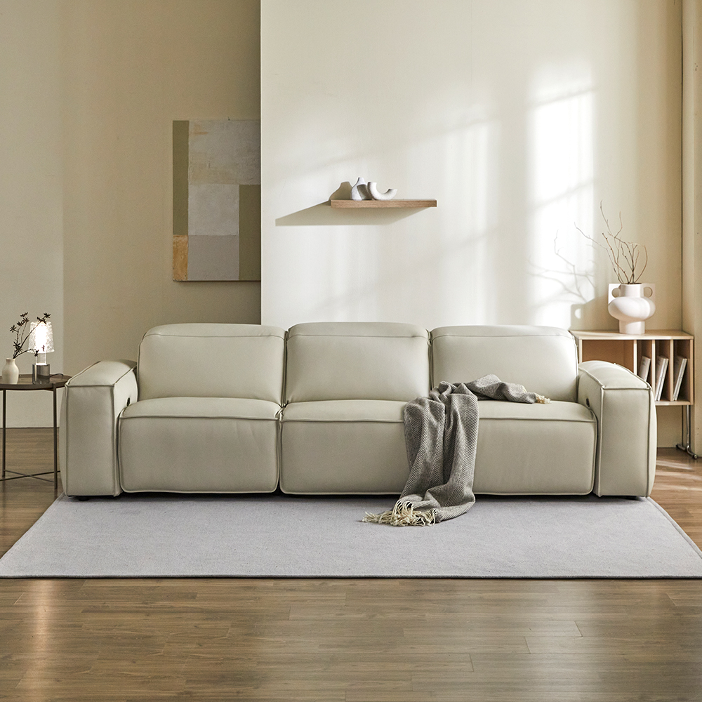 트로이 아이보리 전체 가죽 전동 리클라이너 소파