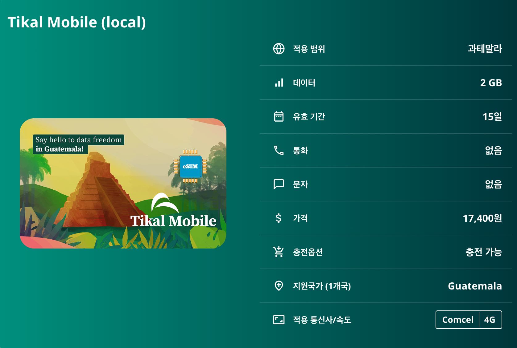 과테말라 로컬망 이심 eSIM Comcel 과테말라시티 안티구아 플로레스 케찰테낭고 티칼 국립공원 아티틀란 호수 세물참페이 리오 둘세 파카야 화산 이심통 이미지 6