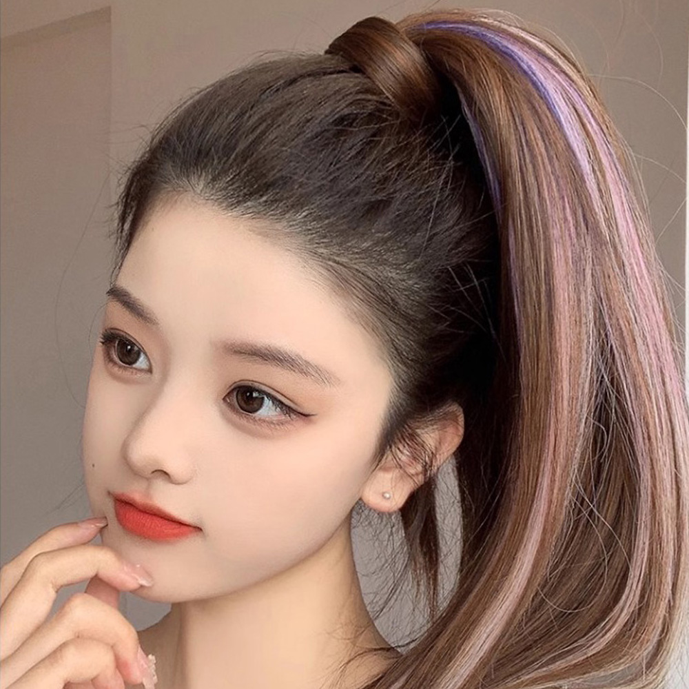 브릿지 포니테일 가발 롱 생머리 머리끈 묶음형 똑딱이 부분염색 투톤 - 상세 이미지 5