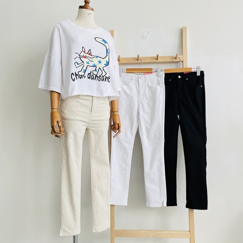 키작녀바지 9부 흰바지 여성 스판 밑단트임 슬림 일자 팬츠 - 상세 이미지 3