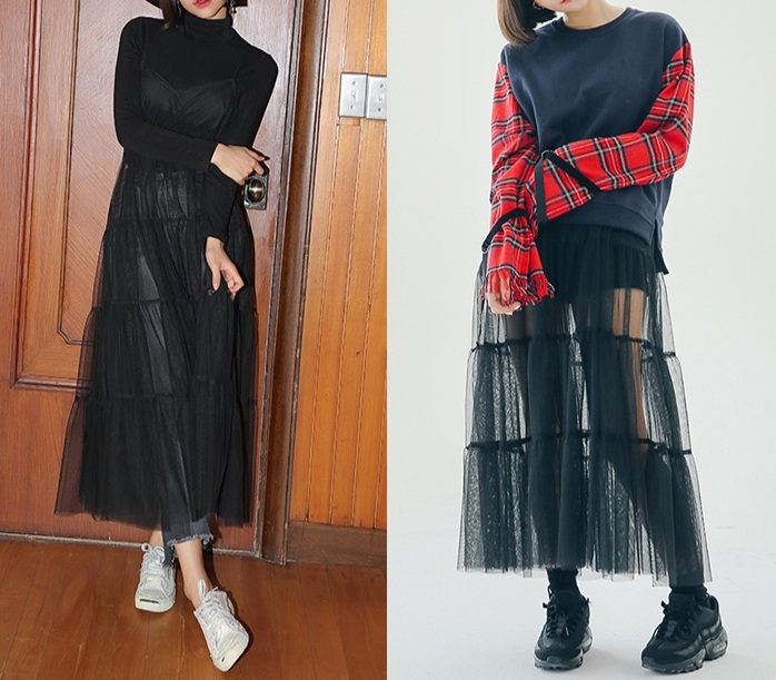 블랙 시스루 나시 레이어드 프릴 메쉬 망사 쉬폰 원피스 드레스 데이트 꾸안꾸 봄 가을 - 상세 이미지 2
