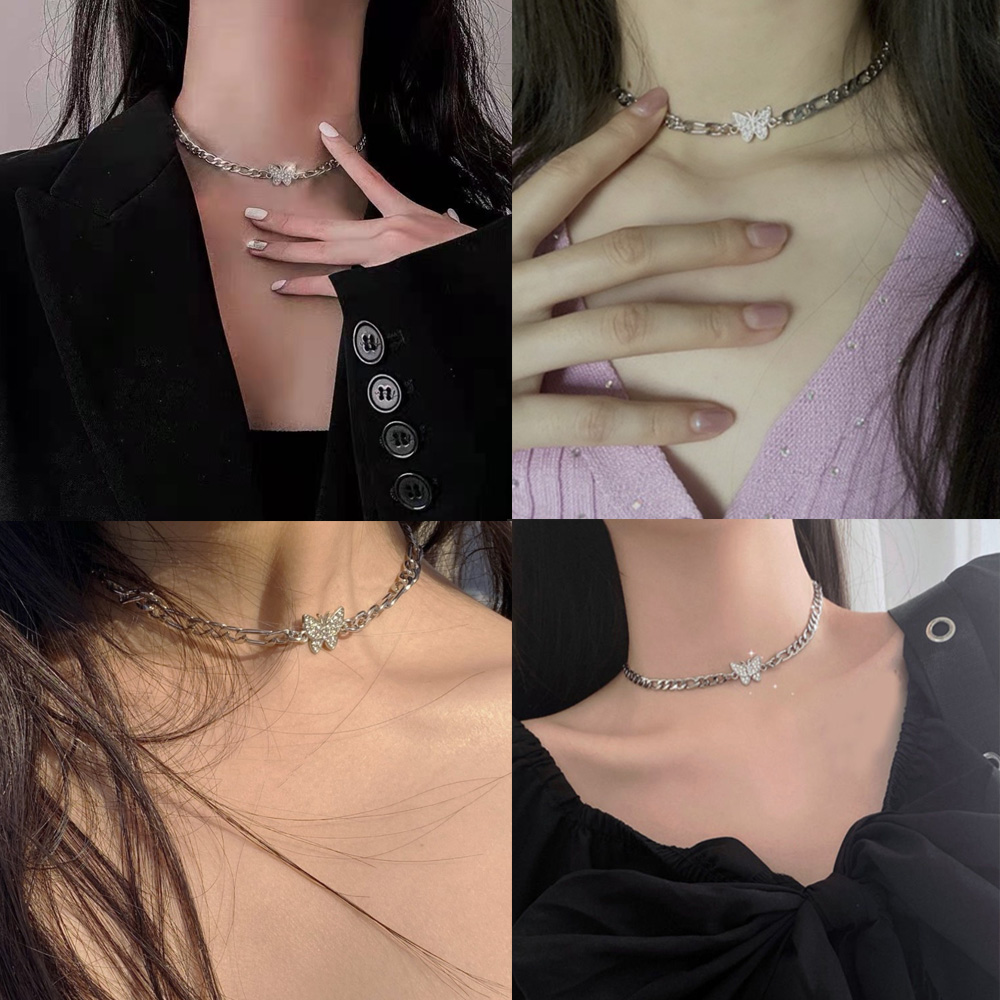 큐빅 나비 초커 목걸이 뱀줄 체인 펜던트 티타늄 굵은 사슬 - 상세 이미지 2
