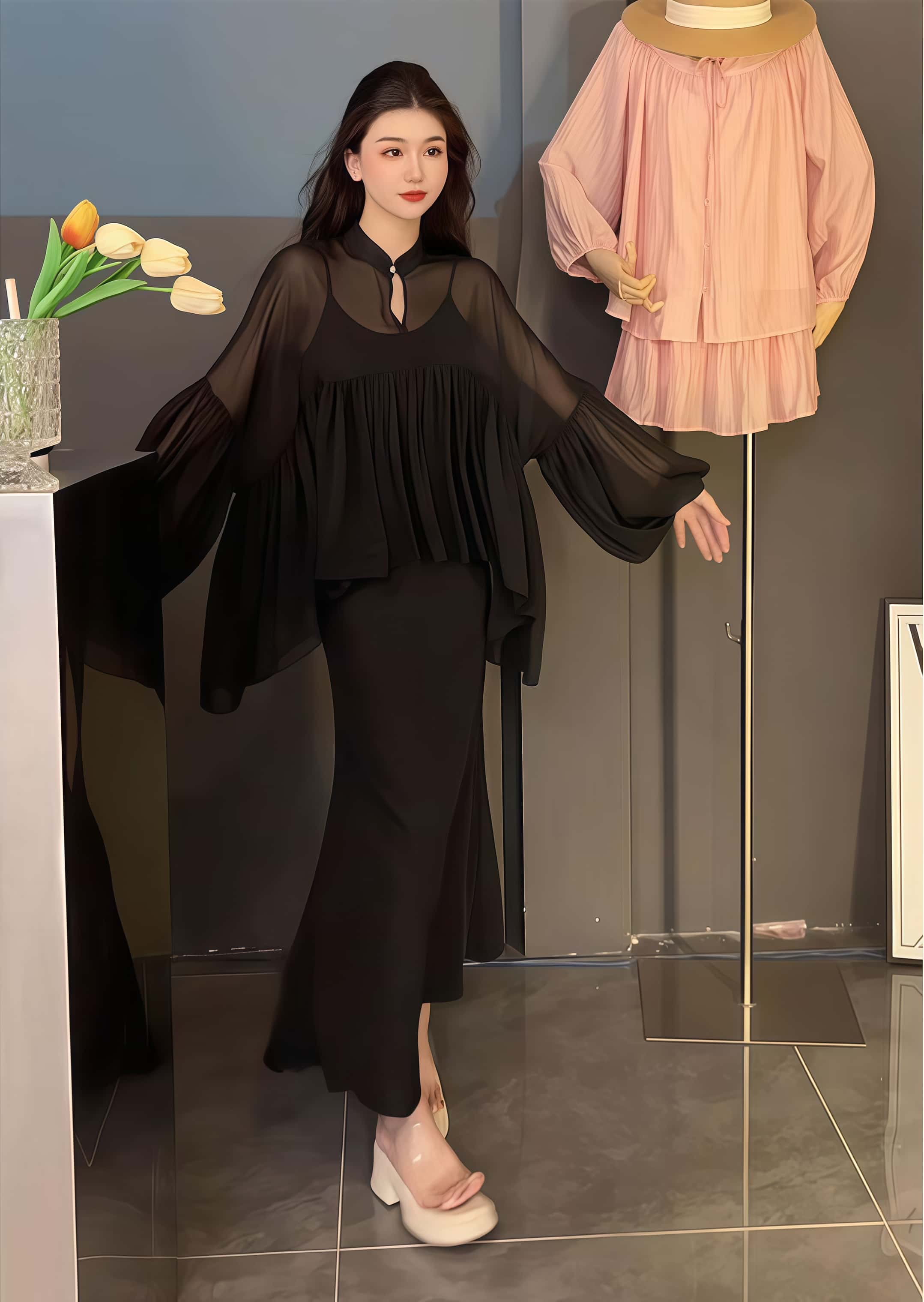 머메이드 원피스세트 여성 봄여름 시스루 블라우스 나시원피스 투피스세트 - 상세 이미지 5