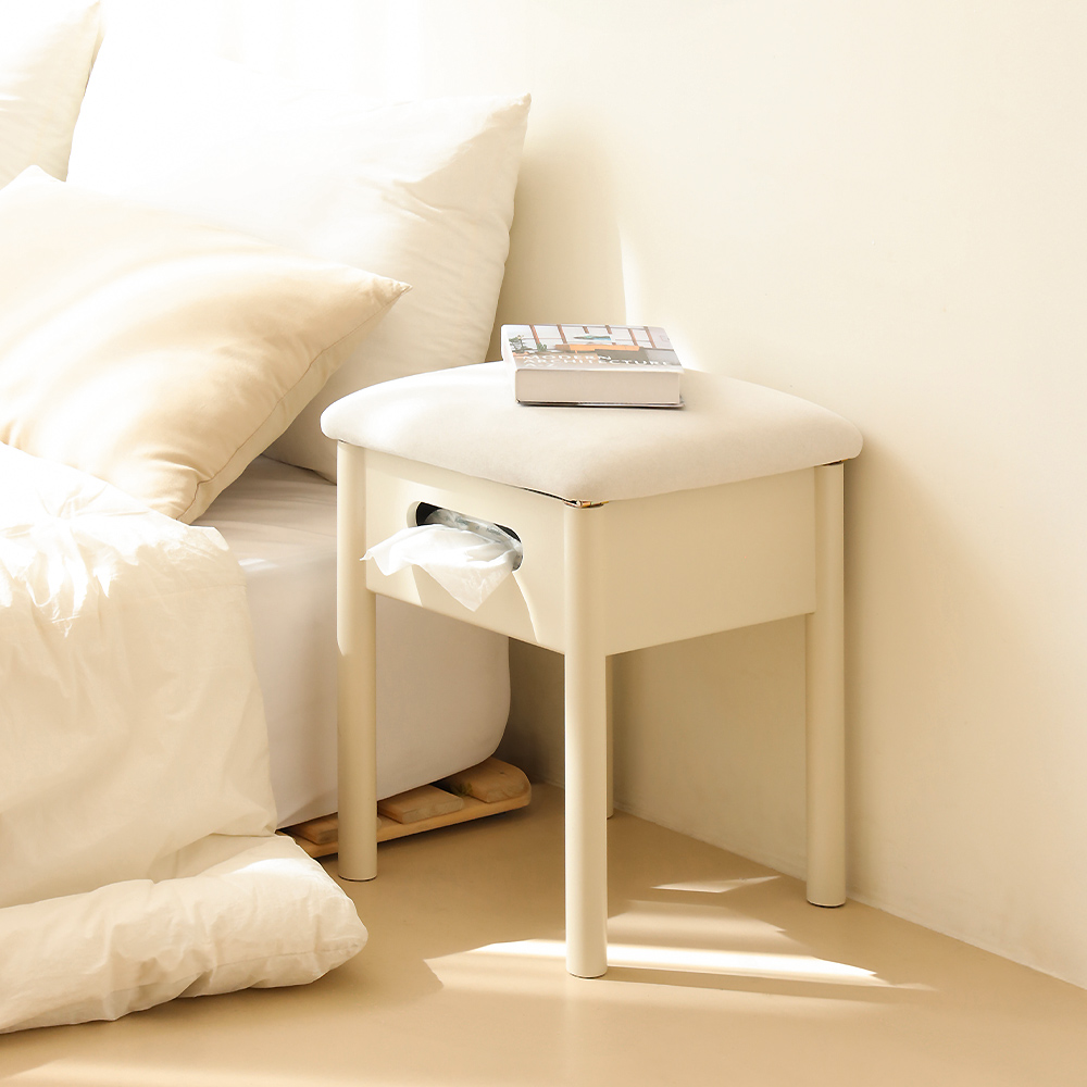 우디브 오닐 원형 원목 패브릭 다용도 디자인 화장대 스툴의자 화이트 상세 이미지 5