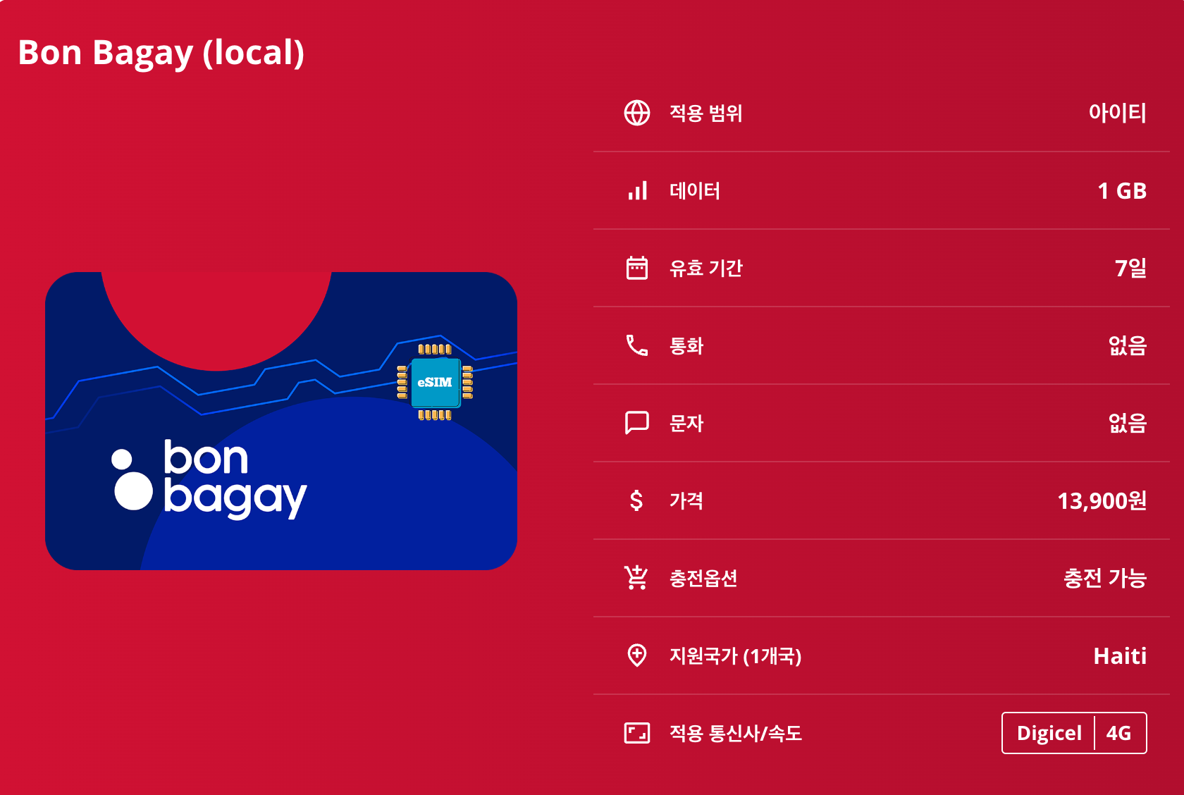 아이티 로컬망 이심 eSIM Digicel 포르토프랭스 카프아이시엥 자크멜 레카이 라 시타델 라페리에르 바신 블뢰 자크멜 카니발 라바디 해변 이심통 - 상세 이미지 5