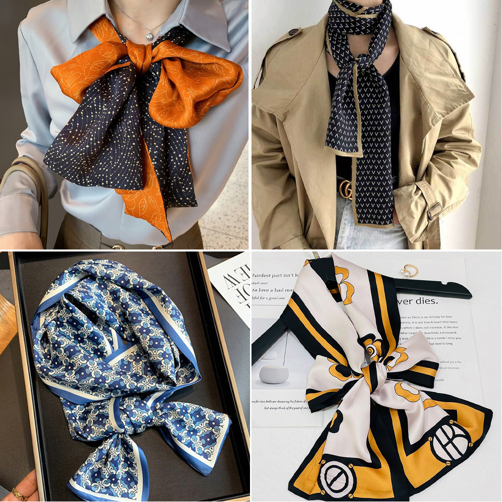 롱 타이 스카프 양면 패턴 실크 여성 스카프 쁘띠 방도