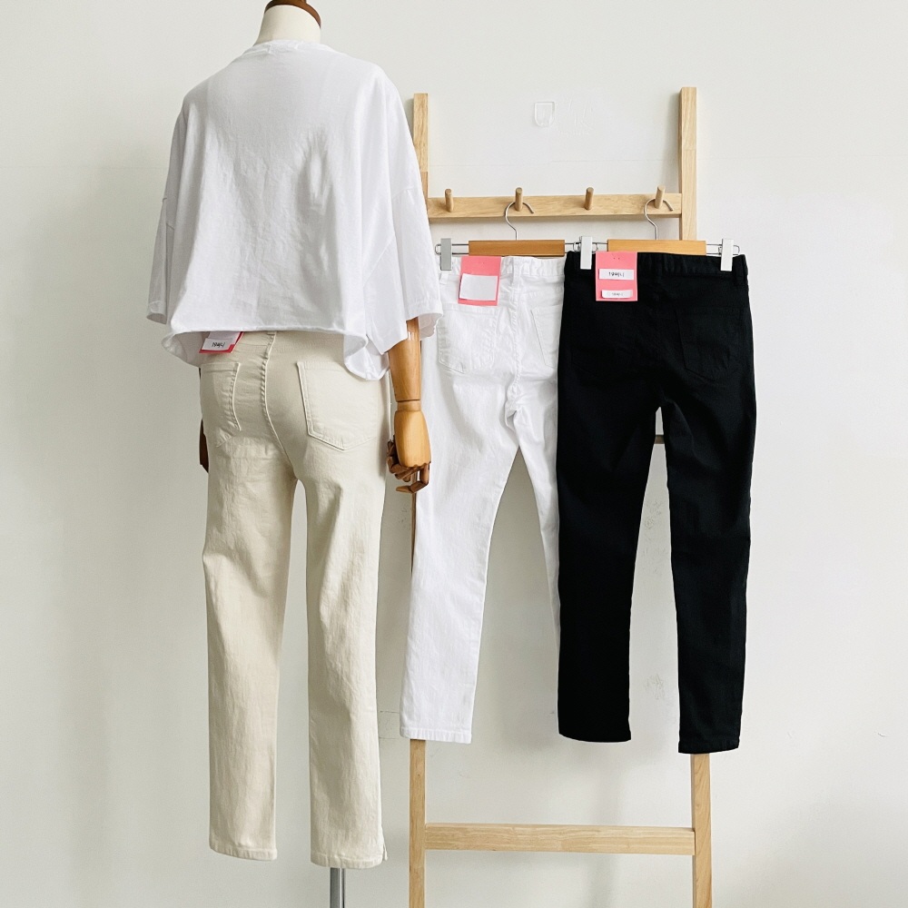 키작녀바지 9부 흰바지 여성 스판 밑단트임 슬림 일자 팬츠 - 상세 이미지 4