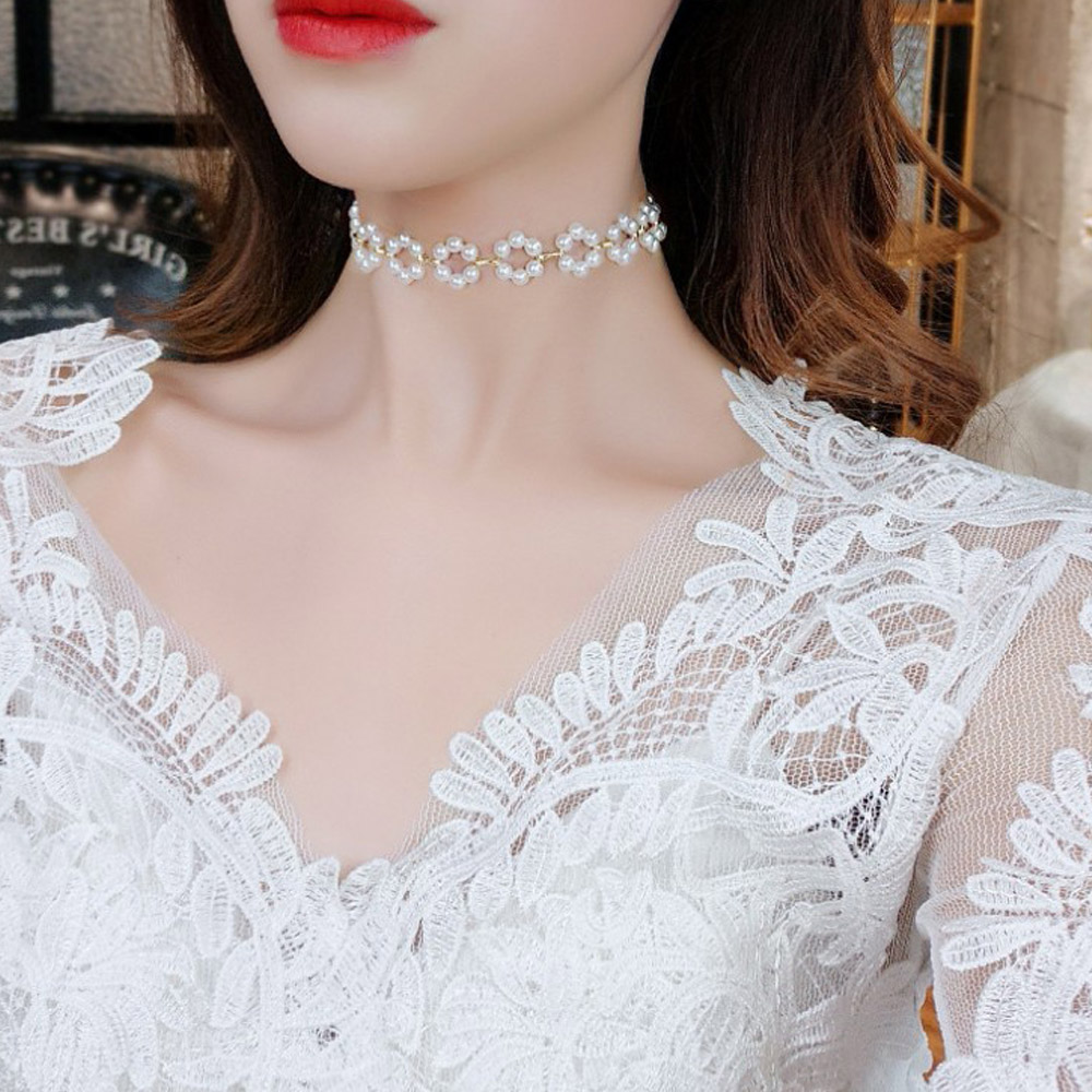 진주 미니 초커 진주목걸이 비즈 심플 아크릴 초커 데일리 짧은 레이어드 빈티지 레트로 - 상세 이미지 3