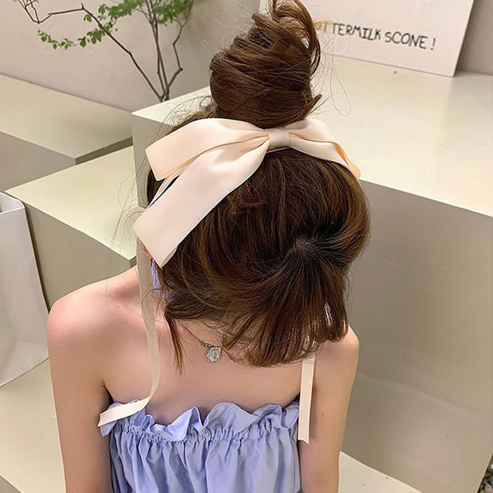 롱 끈 왕리본핀 올림머리 자동핀 골프 리본삔 헤어 반머리 포니테일 로우번 - 상세 이미지 4