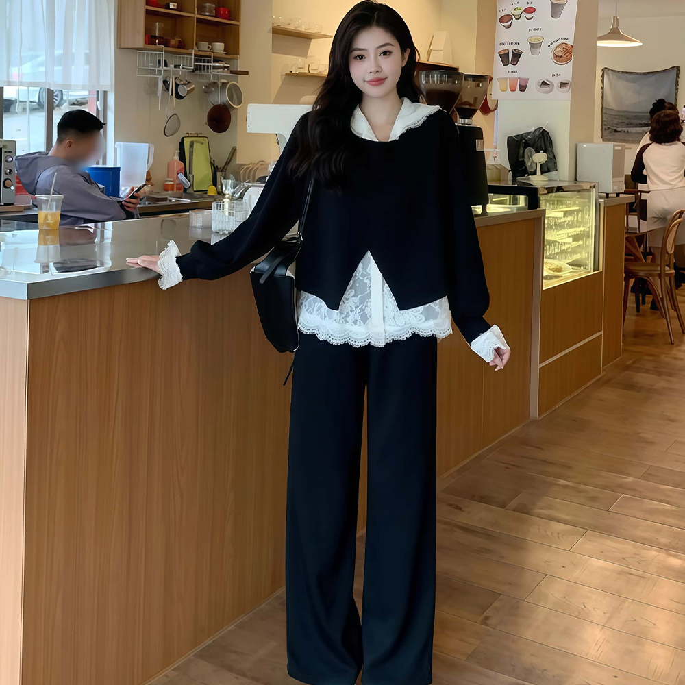 레이스 캐주얼 바지 3종세트 빅사이즈 레이어드 트임 맨투맨 슬랙스 쓰리피스 - 상세 이미지 2