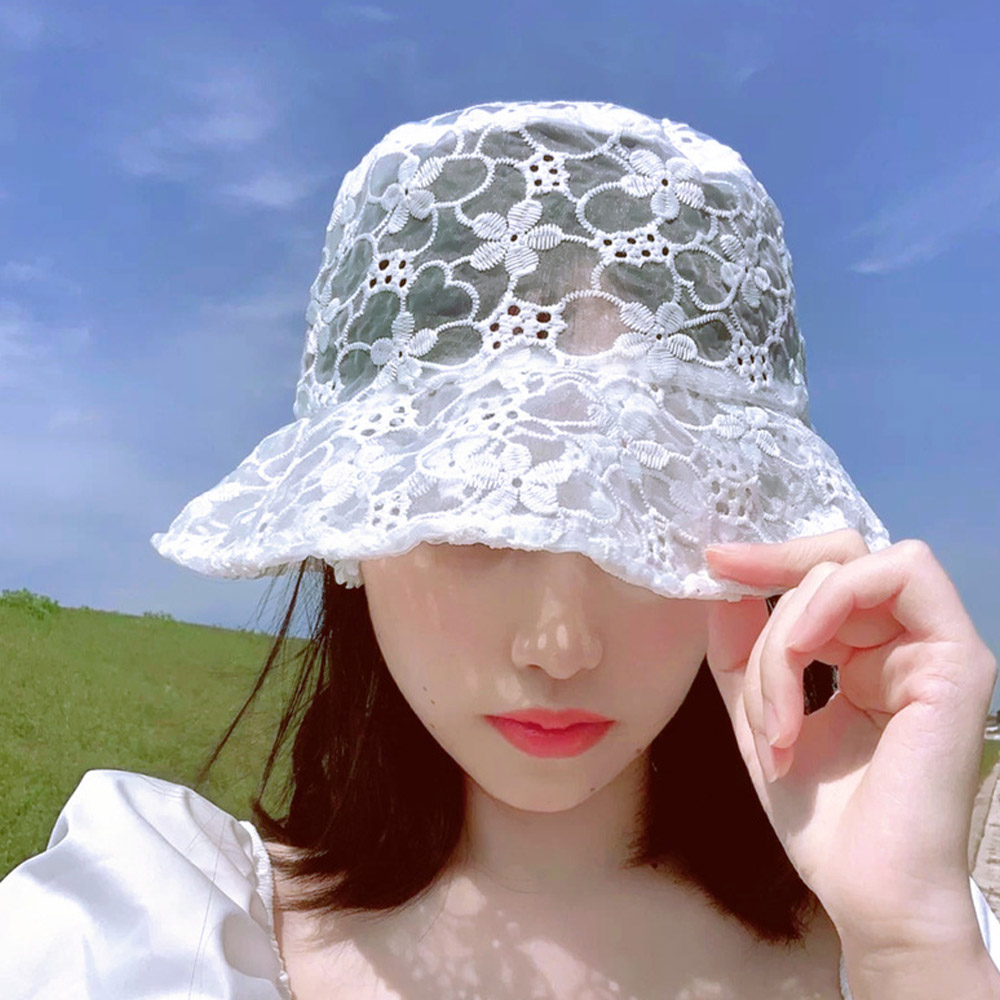 시스루 벙거지 버킷햇 레이스 자수 여성보넷 햇 아일렛 모자 여름벙거지 플라워 망사 얇은 - 상세 이미지 5