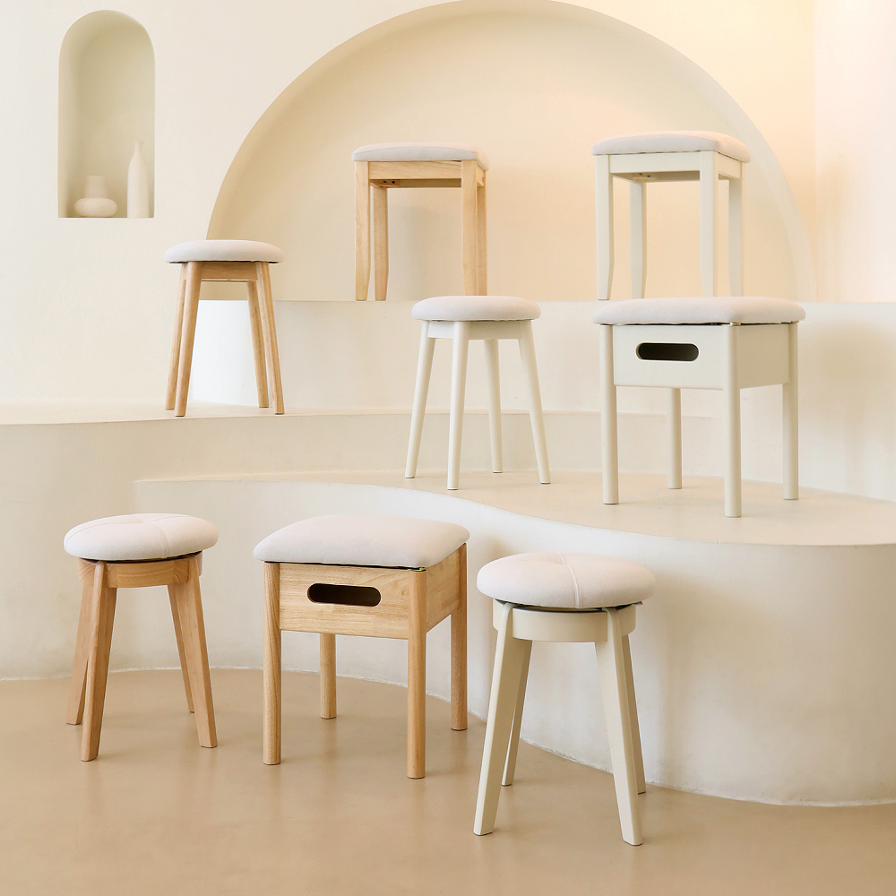 우디브 오닐 원형 원목 스툴 화장대 의자 화이트