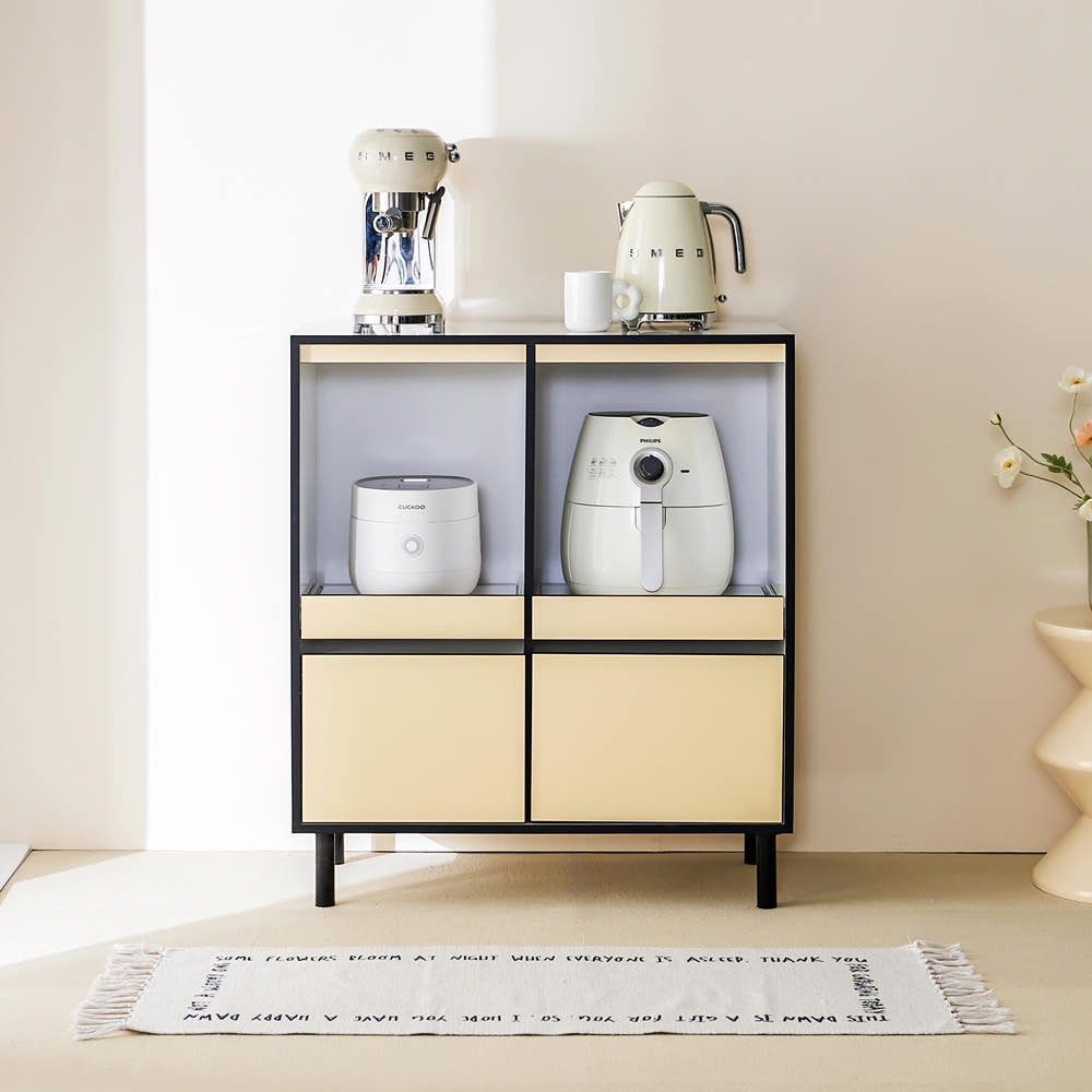 에그미 전자레인지선반 수납장 밥솥장 전자렌지 에어프라이어 선반 800x400x930mm, 2단, 버터옐로우