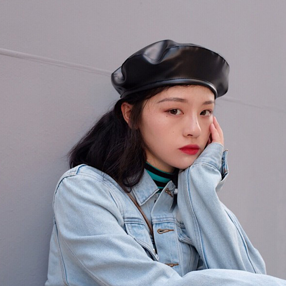 레자 베레모 가죽 베레모 빵모자 레더 모자 화가모 무지 - 메인 이미지