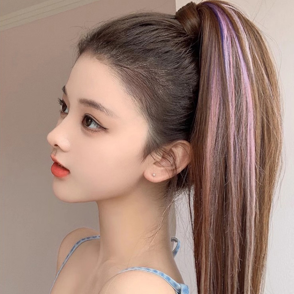 브릿지 포니테일 가발 롱 생머리 머리끈 묶음형 똑딱이 부분염색 투톤 - 상세 이미지 4