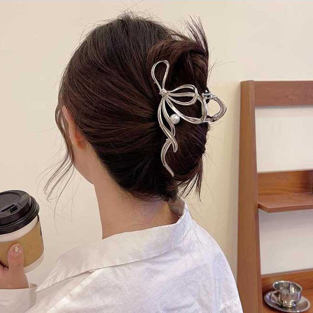 리본 물결 진주 집게핀 헤어 올림머리 대왕 메탈 집게머리핀 대형 여성 왕 - 상품 이미지
