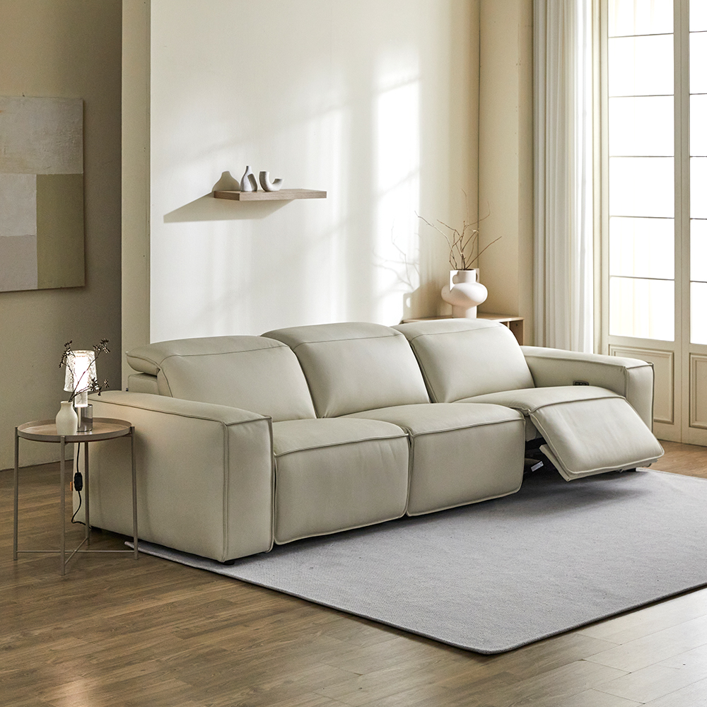 트로이 아이보리 전체 가죽 전동 리클라이너 소파