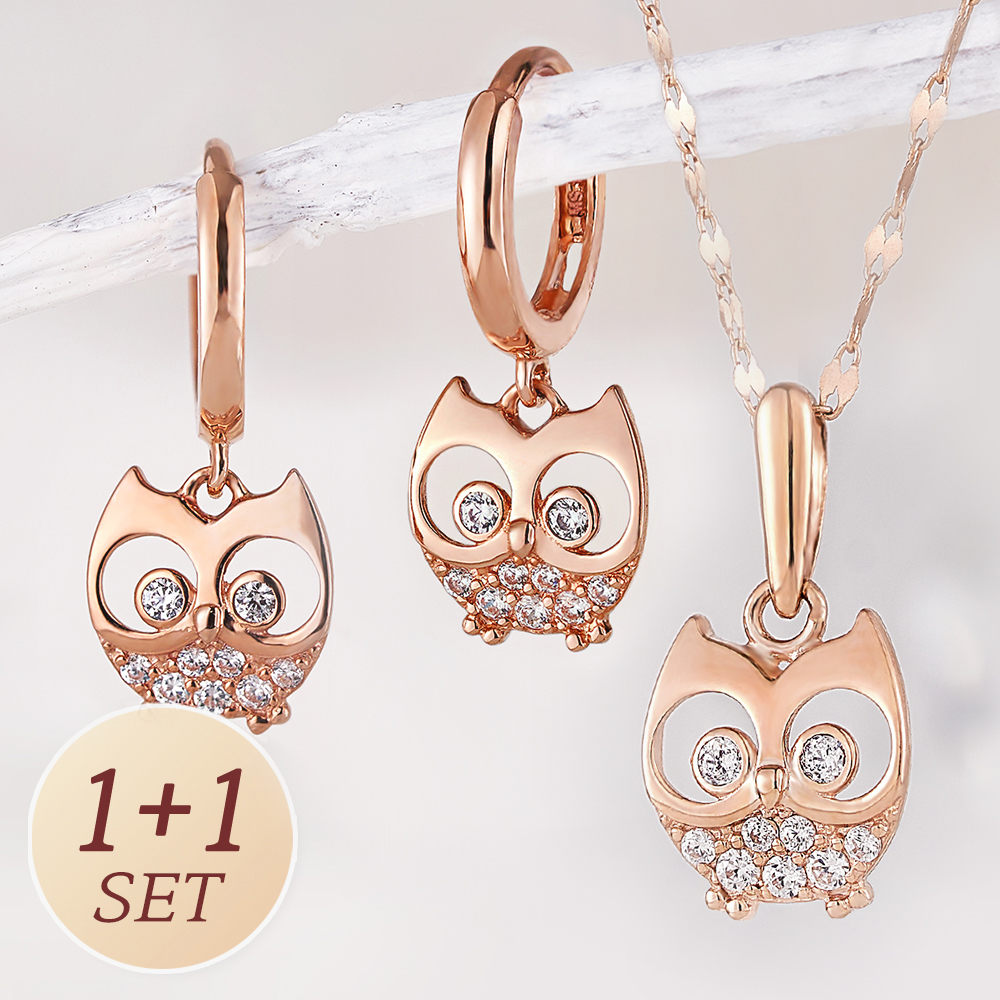 주리에떼 14K 18K 목걸이 귀걸이 1+1 세트 로즈골드 데일리 심플 행운의 부엉이 여자친구 금 목걸이 원터치 귀걸이 선물 - 상품 이미지
