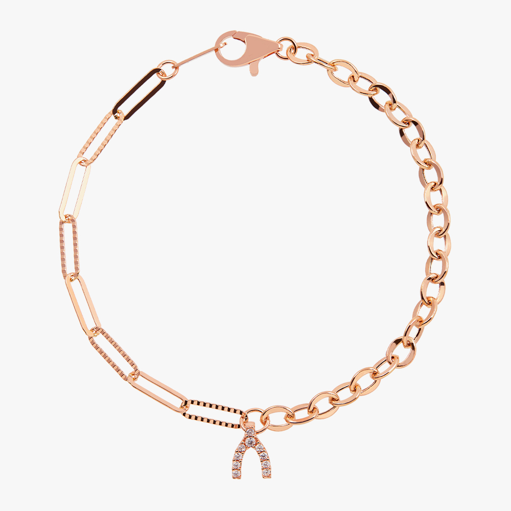 14K 벨르 큐빅 위시본 클립 체인 금 팔찌