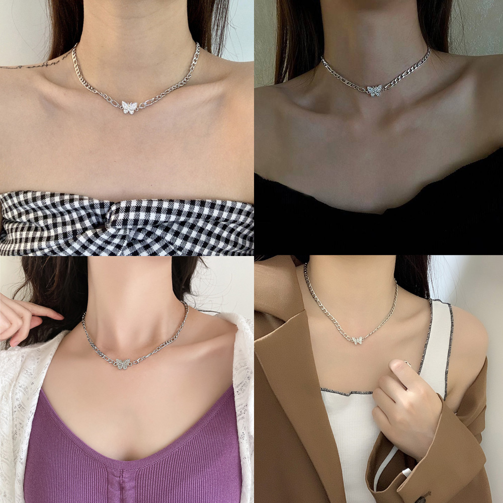 큐빅 나비 초커 목걸이 뱀줄 체인 펜던트 티타늄 굵은 사슬 - 상세 이미지 3