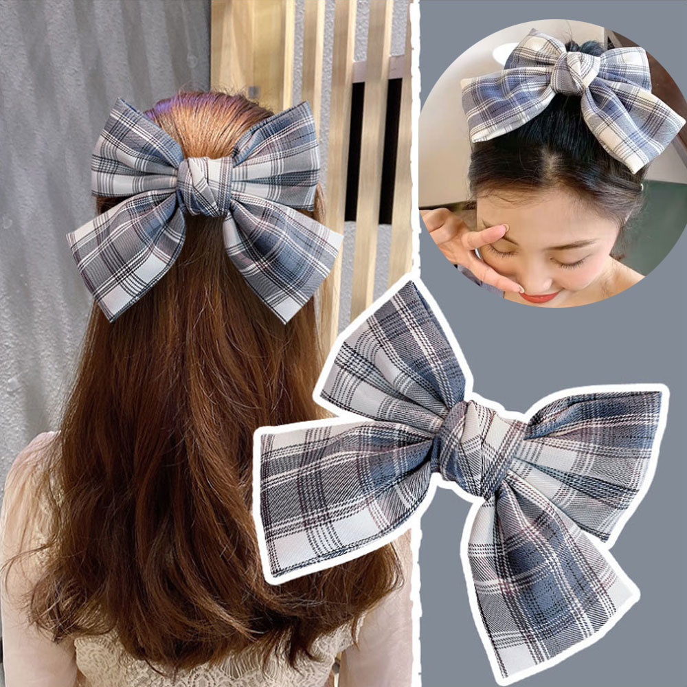 왕리본 핀 머리끈 핀대 삔 리본 자동핀 대형 새틴 공단 블랙 와인 도트 체크 반묶음 - 상세 이미지 3